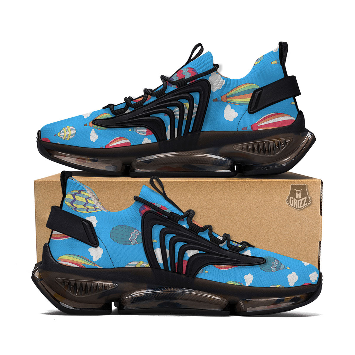 Blue Hot Air Balloon Print Pattern Black Gym Shoes-grizzshop