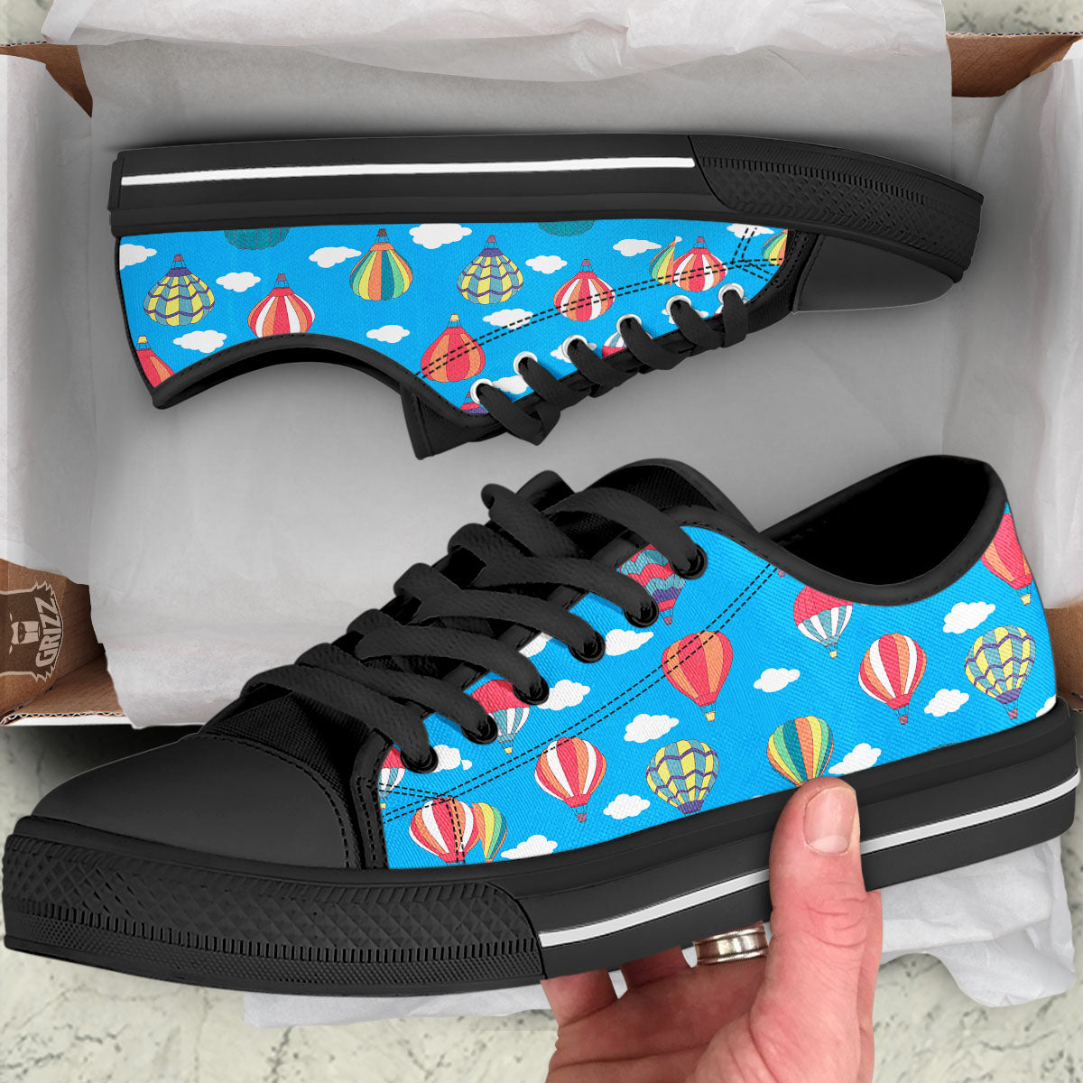 Blue Hot Air Balloon Print Pattern Black Low Top Shoes-grizzshop