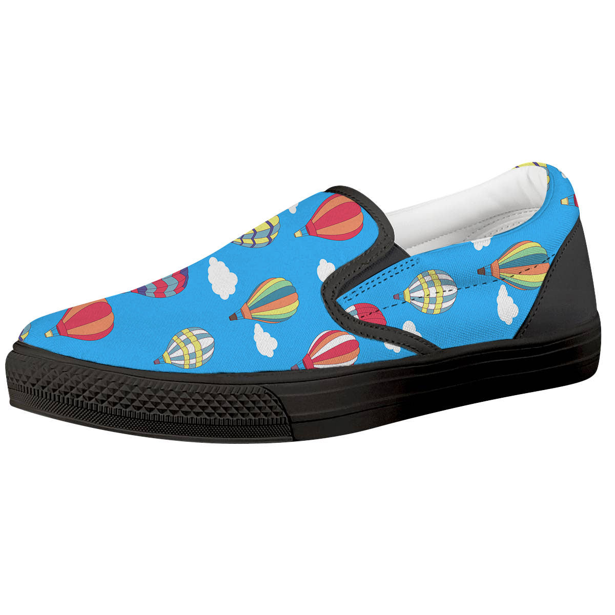 Blue Hot Air Balloon Print Pattern Black Slip On Shoes-grizzshop