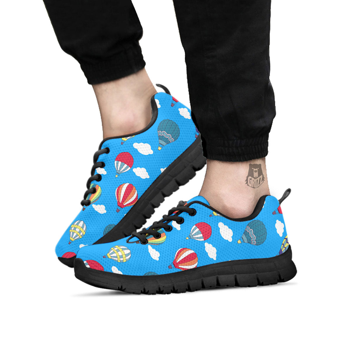 Blue Hot Air Balloon Print Pattern Black Sneaker-grizzshop