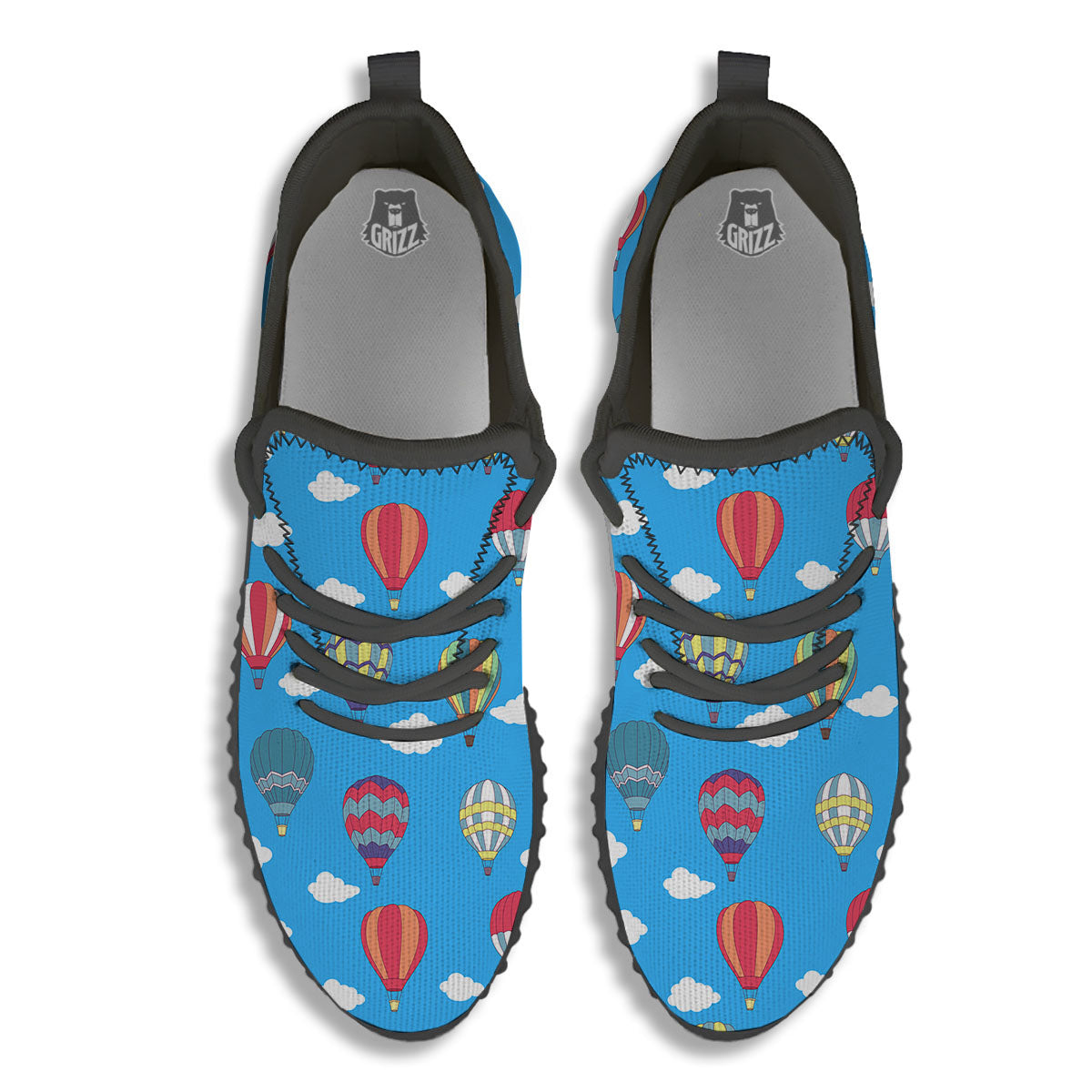 Blue Hot Air Balloon Print Pattern Black Walking Shoes-grizzshop