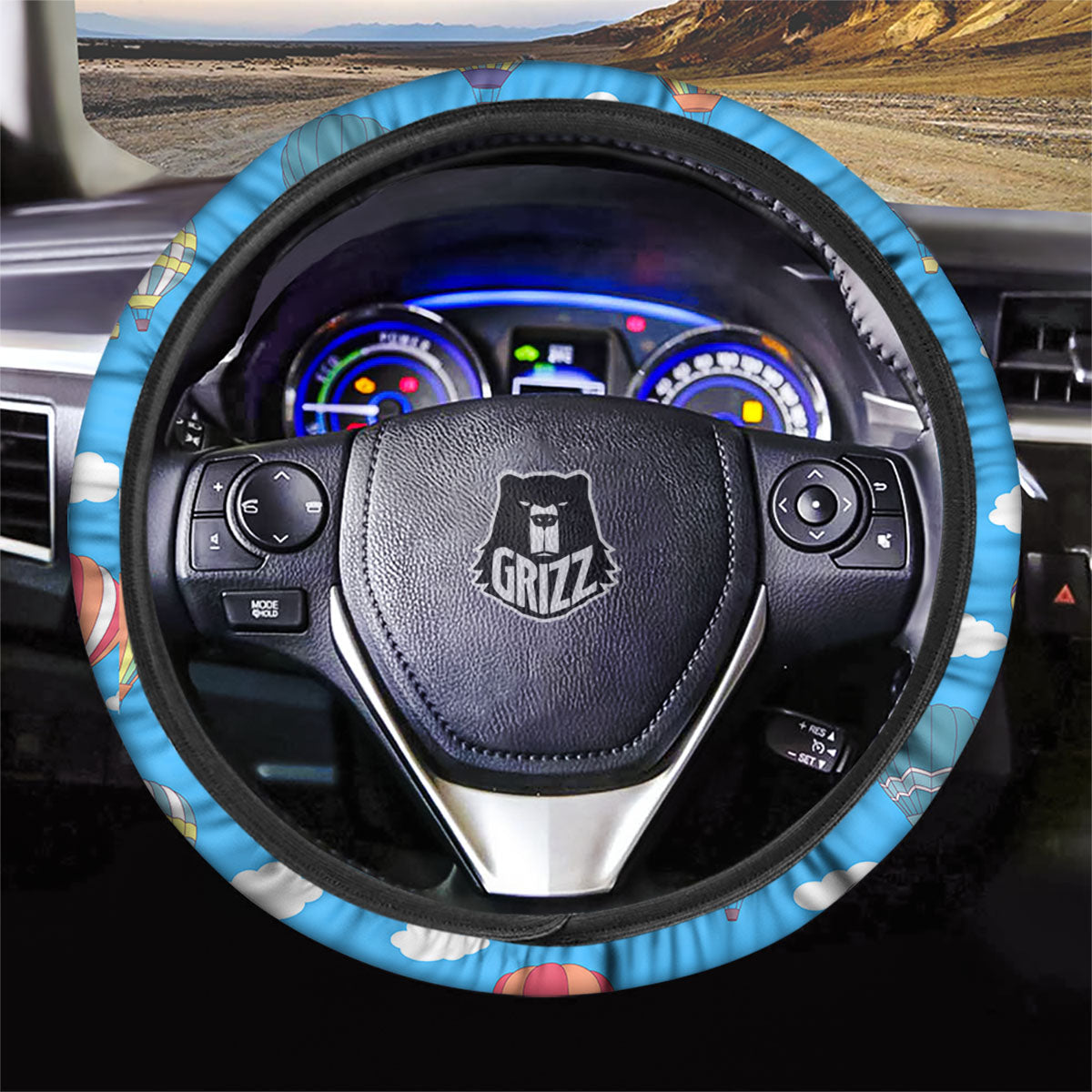 Blue Hot Air Balloon Print Pattern Car Steering Wheel Cover-grizzshop