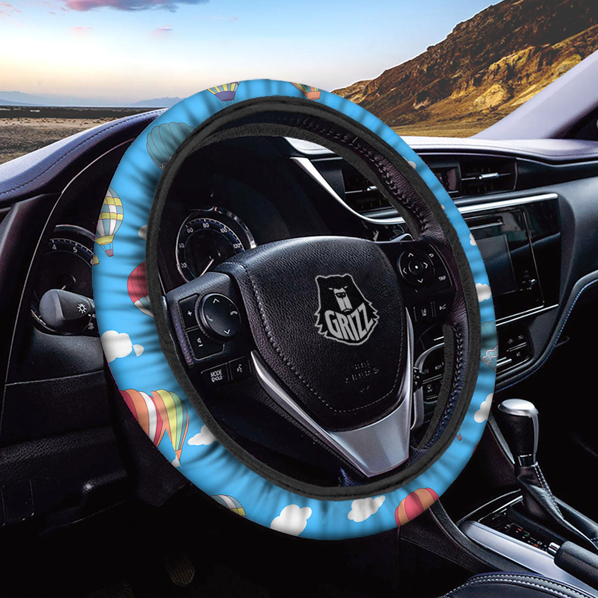 Blue Hot Air Balloon Print Pattern Car Steering Wheel Cover-grizzshop
