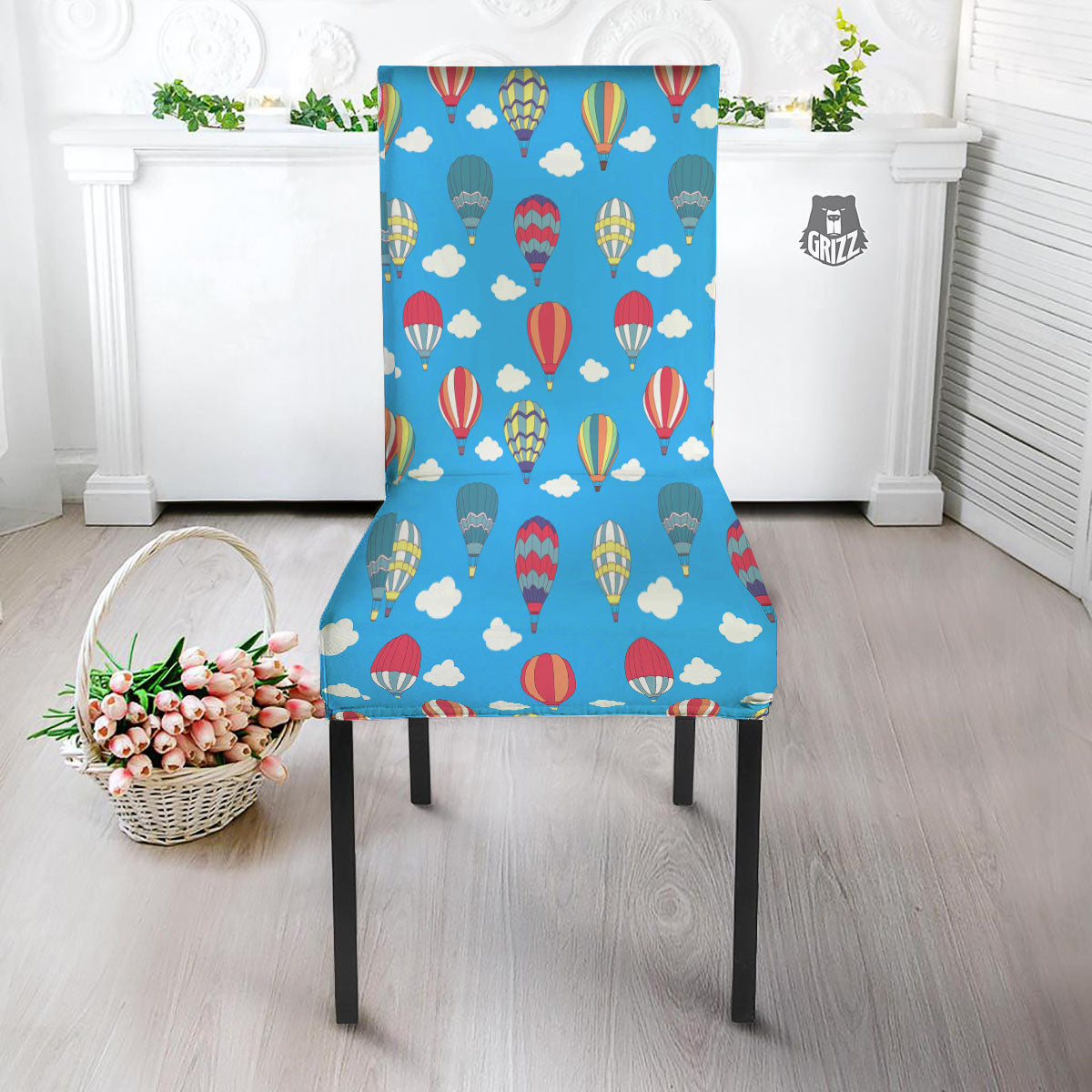 Blue Hot Air Balloon Print Pattern Dining Chair Slipcover-grizzshop