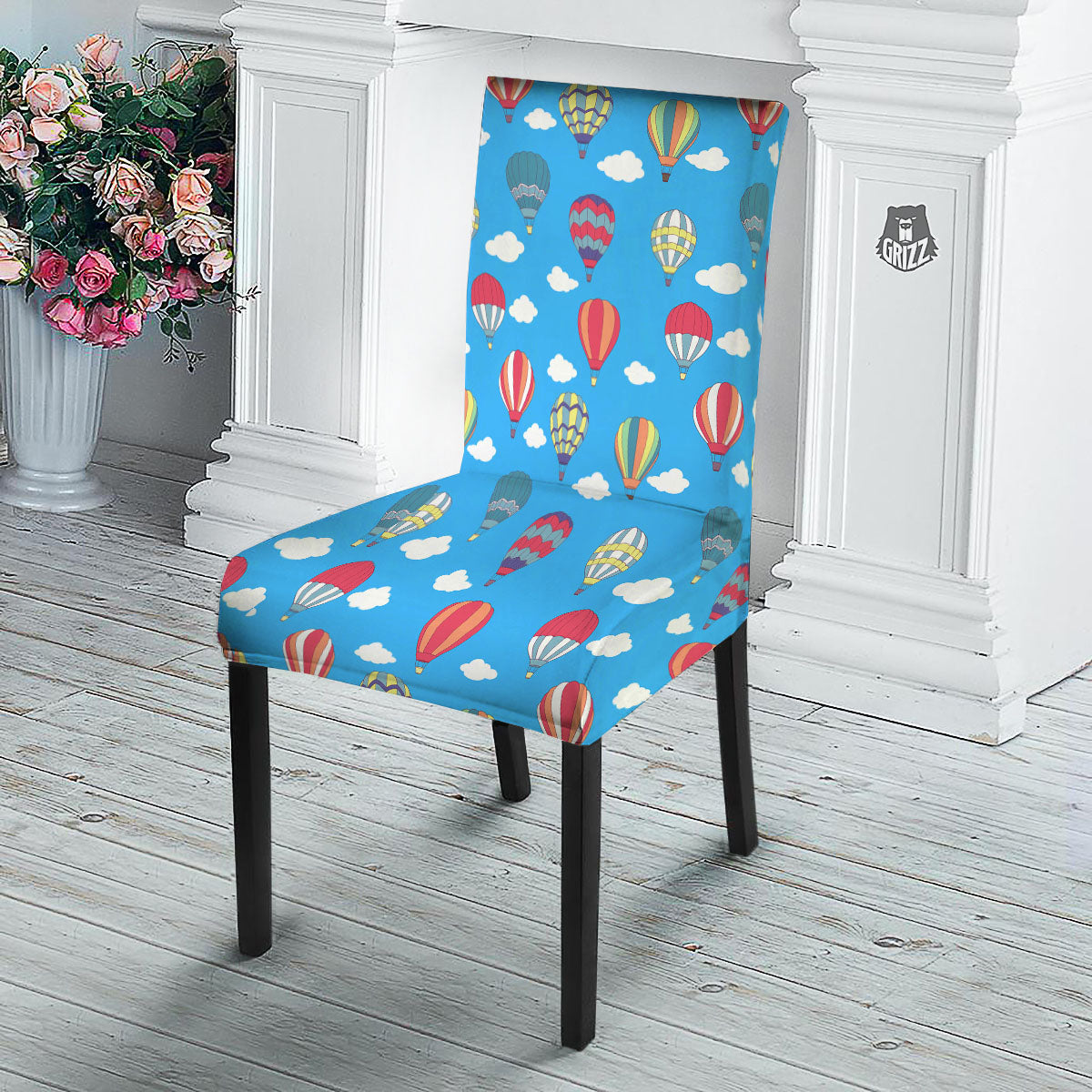 Blue Hot Air Balloon Print Pattern Dining Chair Slipcover-grizzshop