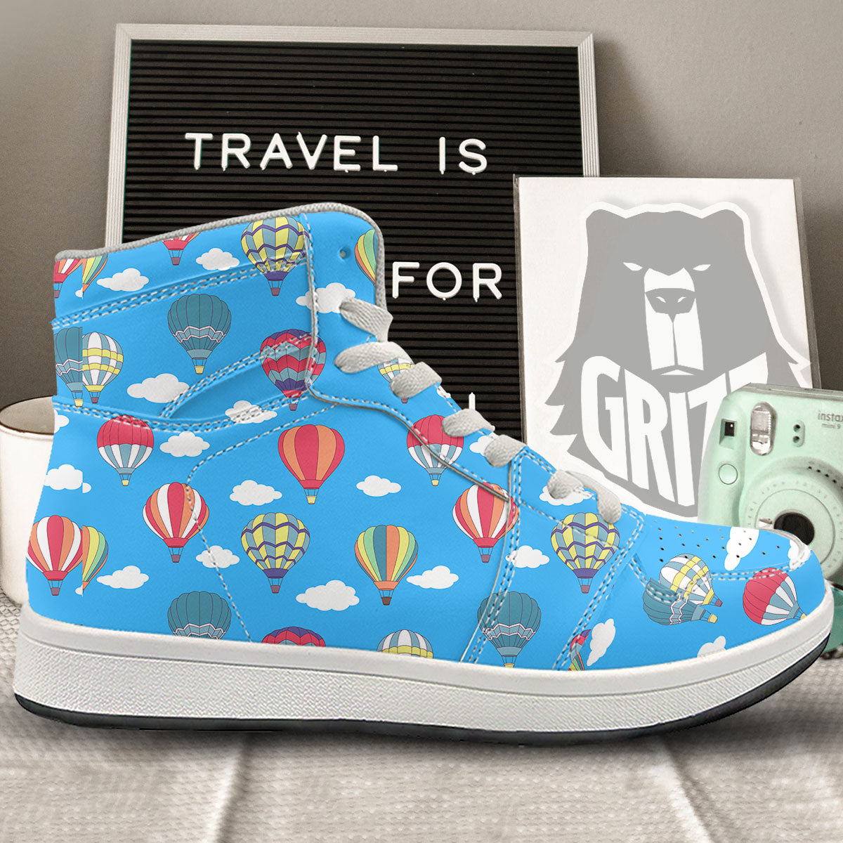 Blue Hot Air Balloon Print Pattern High Top Sneakers-grizzshop