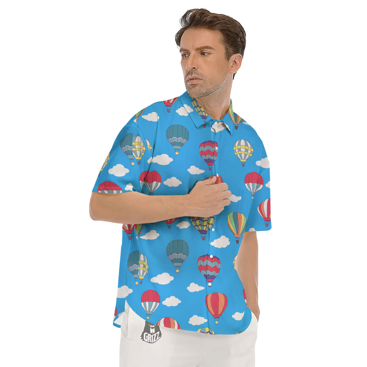 Blue Hot Air Balloon Print Pattern Men's Short Sleeve Shirts-grizzshop