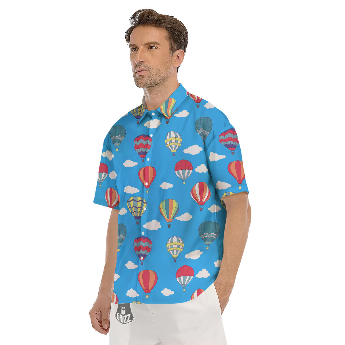 Blue Hot Air Balloon Print Pattern Men's Short Sleeve Shirts-grizzshop