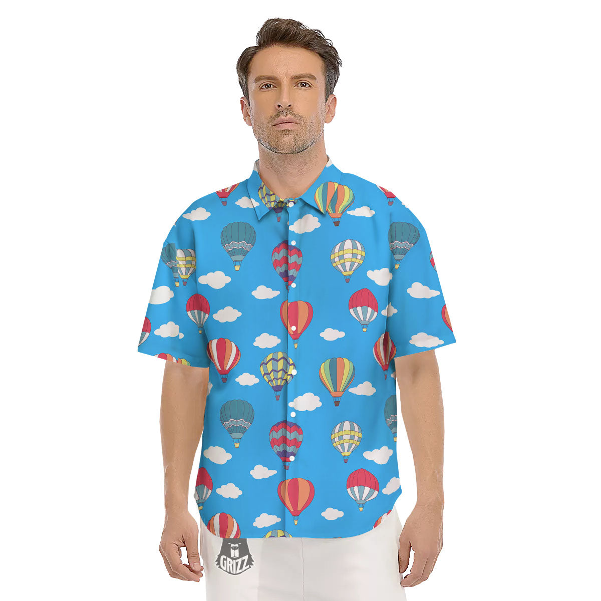 Blue Hot Air Balloon Print Pattern Men's Short Sleeve Shirts-grizzshop