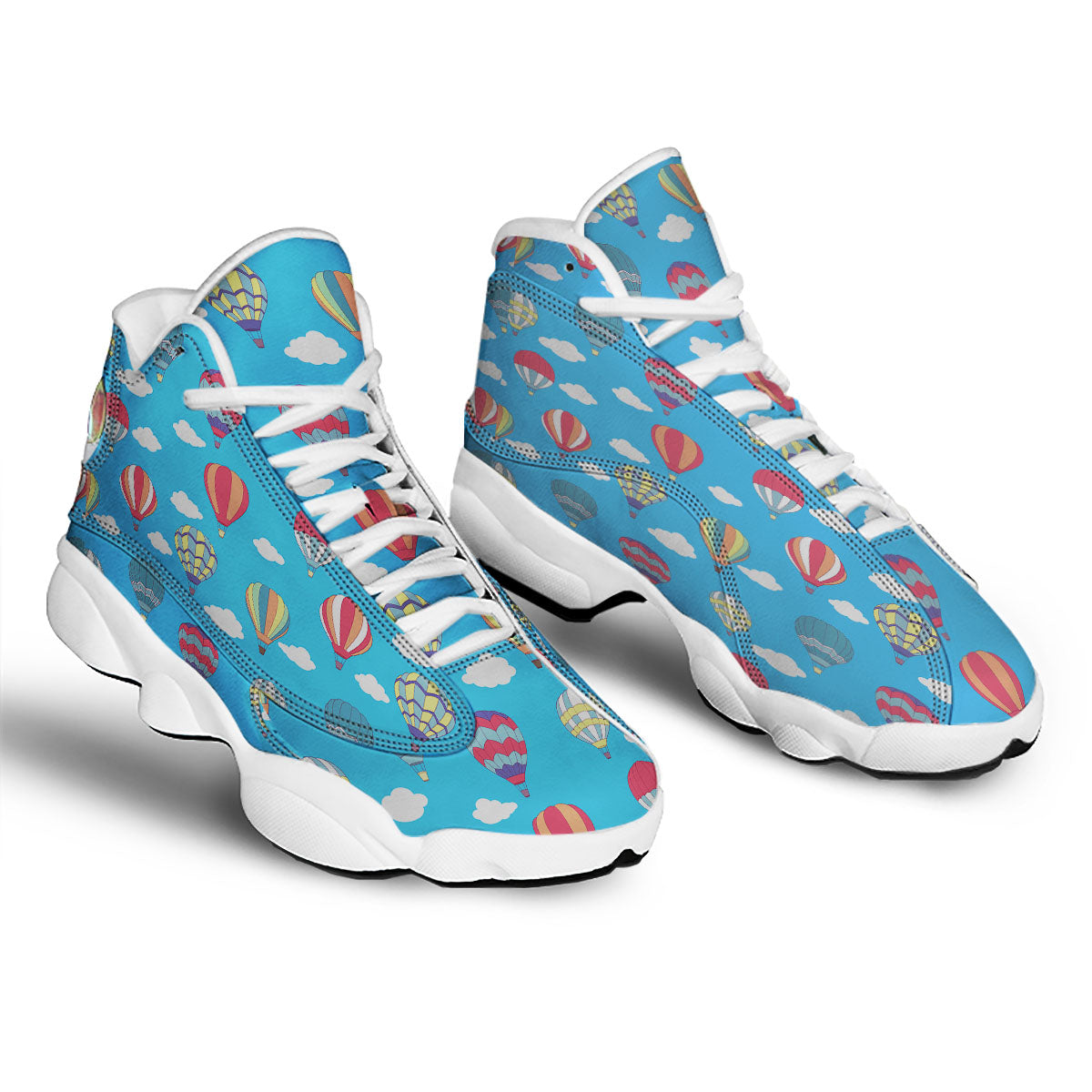 Blue Hot Air Balloon Print Pattern White Basketball Shoes-grizzshop