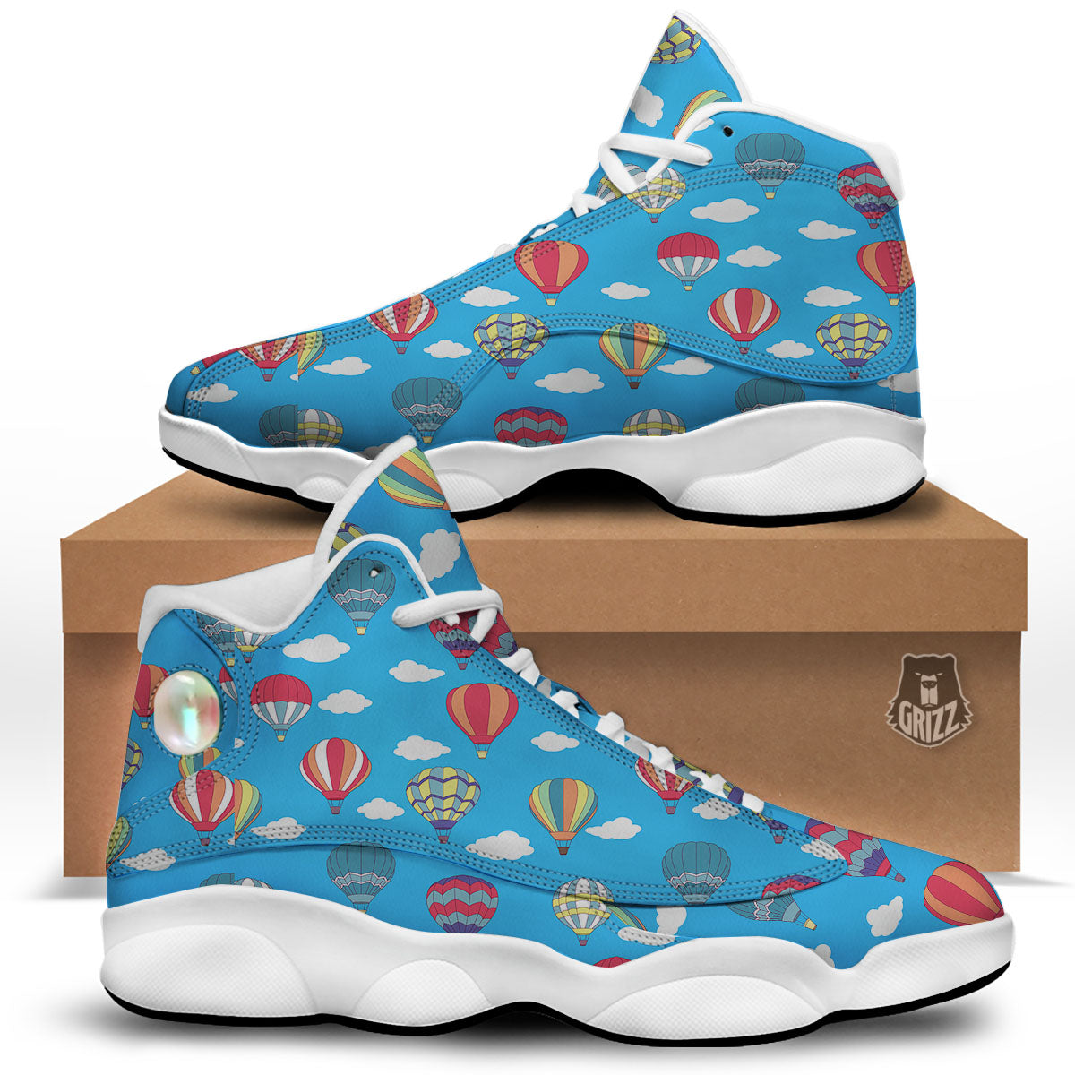 Blue Hot Air Balloon Print Pattern White Basketball Shoes-grizzshop