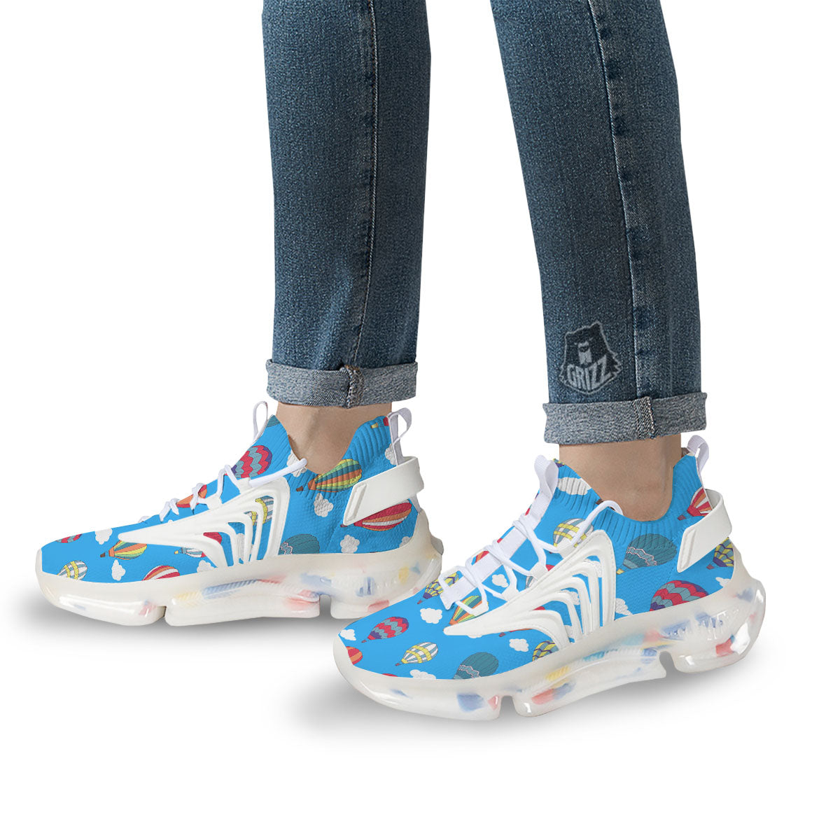 Blue Hot Air Balloon Print Pattern White Gym Shoes-grizzshop
