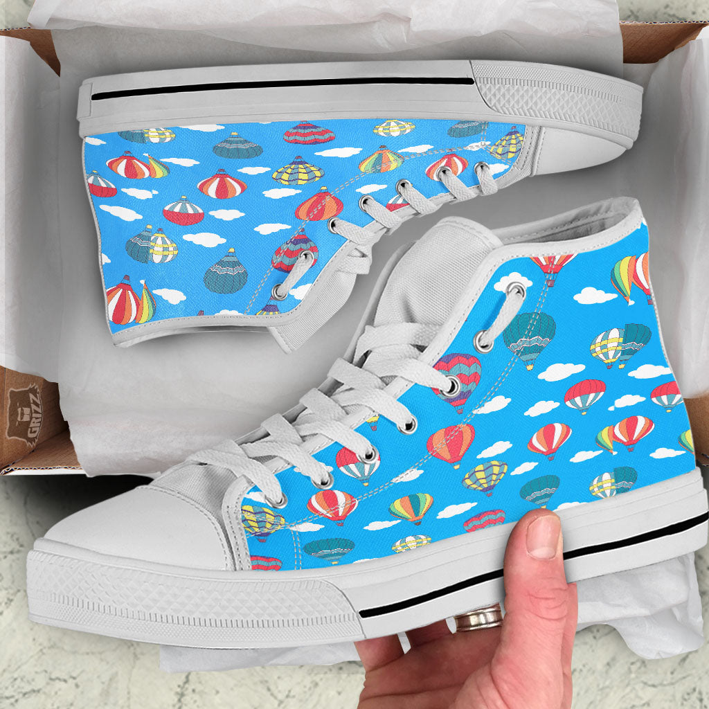 Blue Hot Air Balloon Print Pattern White High Top Shoes-grizzshop