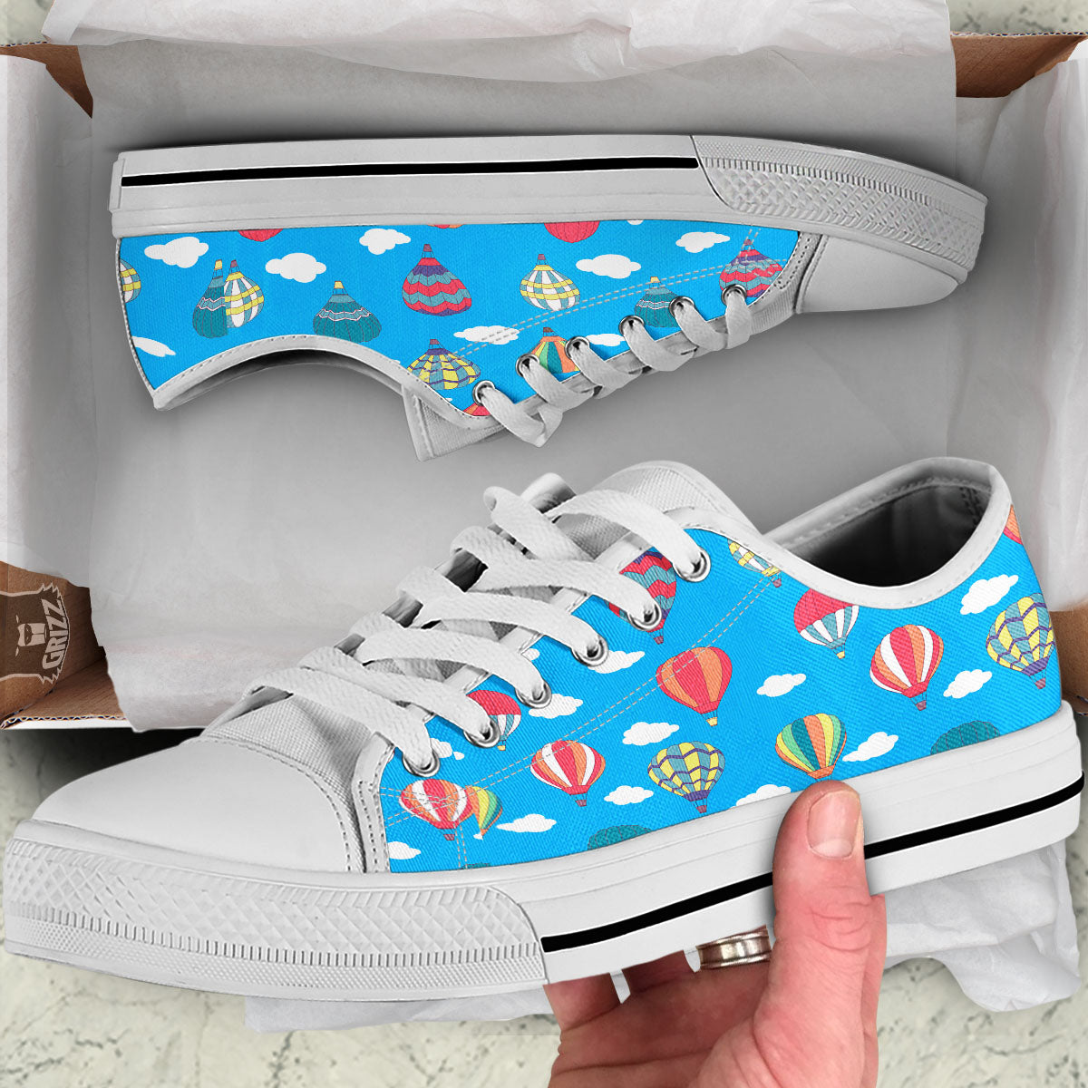 Blue Hot Air Balloon Print Pattern White Low Top Shoes-grizzshop