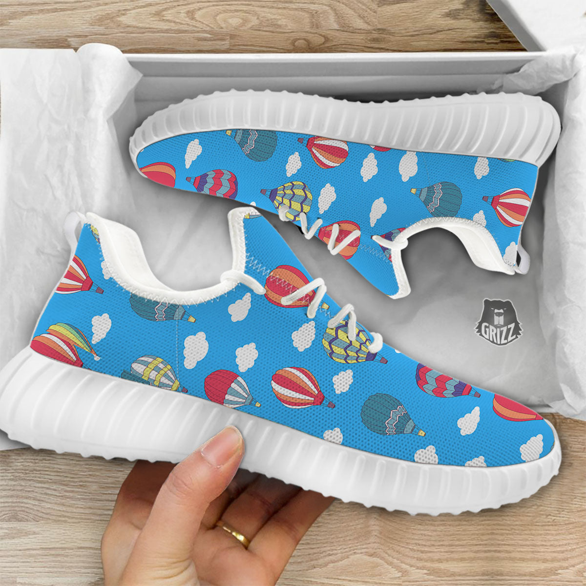 Blue Hot Air Balloon Print Pattern White Walking Shoes-grizzshop