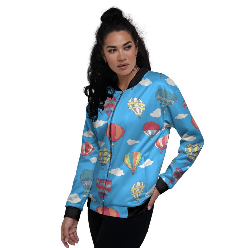 Blue Hot Air Balloon Print Pattern Women's Bomber Jacket-grizzshop