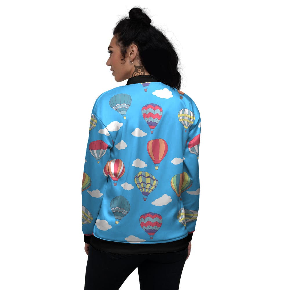 Blue Hot Air Balloon Print Pattern Women's Bomber Jacket-grizzshop