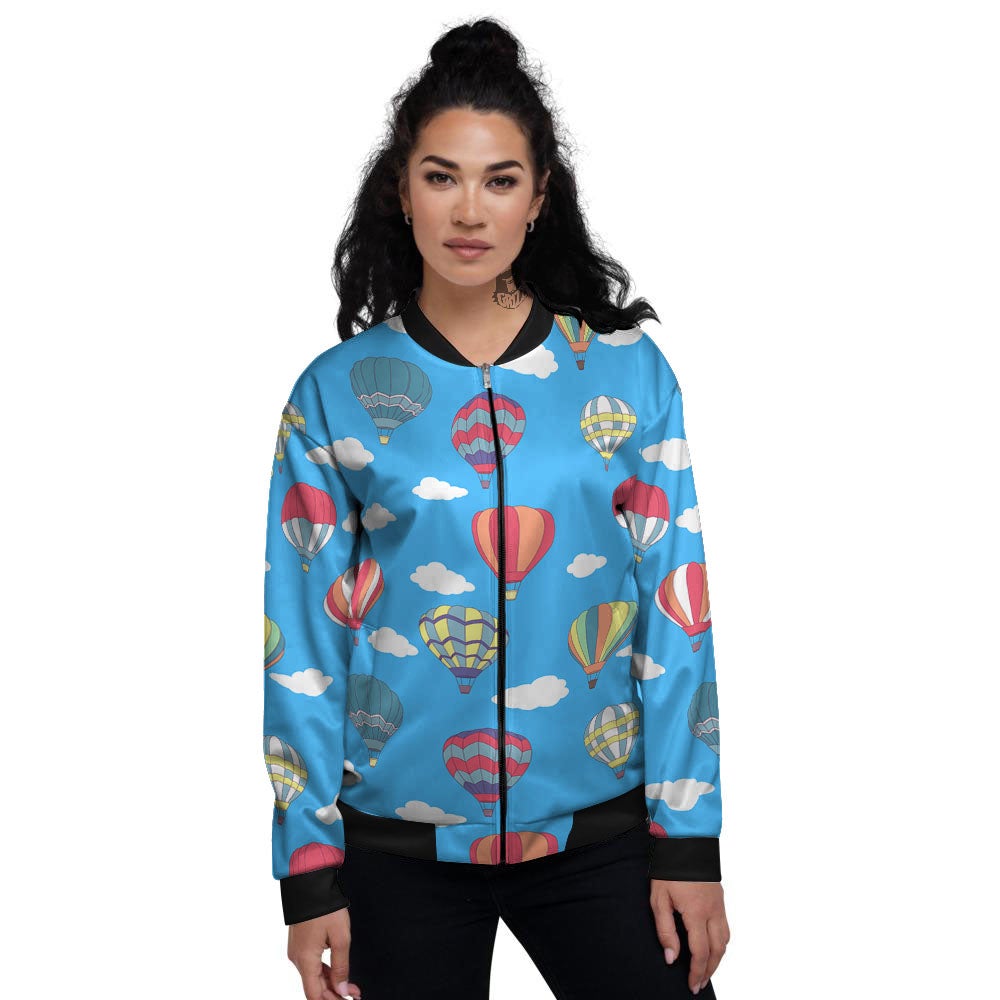 Blue Hot Air Balloon Print Pattern Women's Bomber Jacket-grizzshop