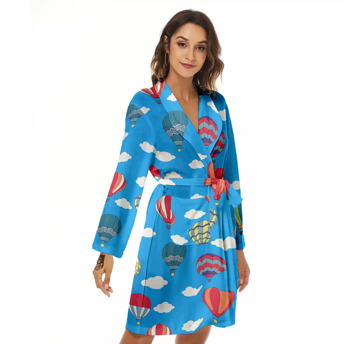 Blue Hot Air Balloon Print Pattern Women's Robe-grizzshop