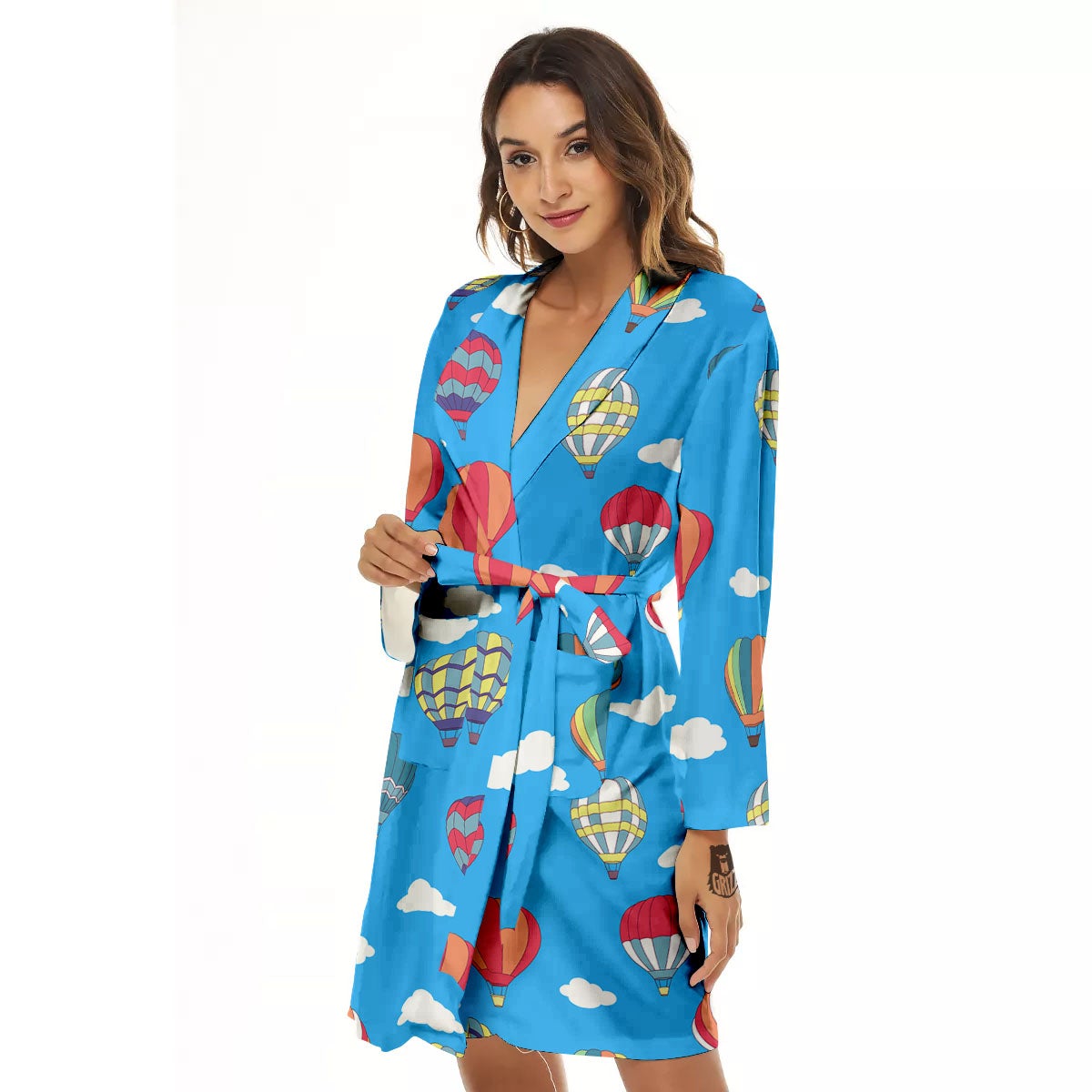 Blue Hot Air Balloon Print Pattern Women's Robe-grizzshop