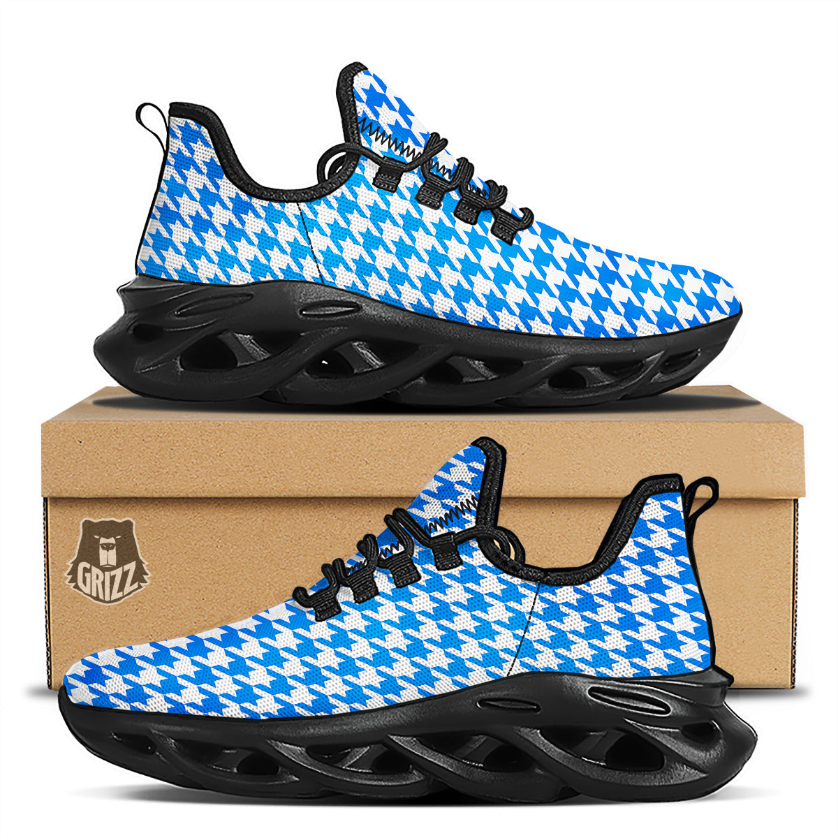 Blue Houndstooth Print Black Running Shoes-grizzshop