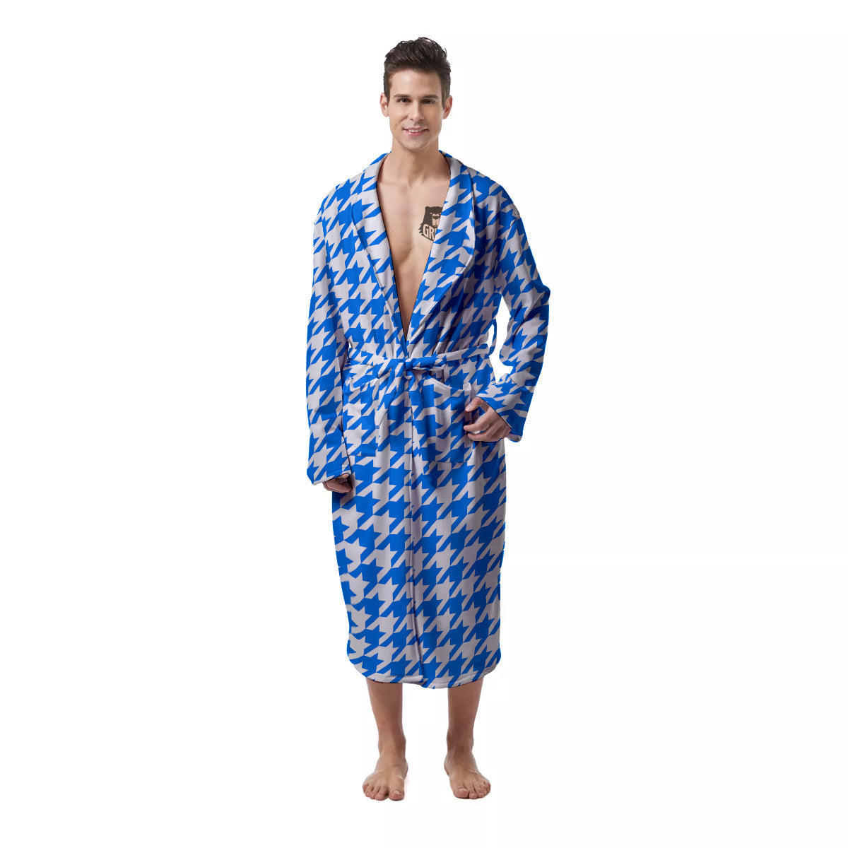 Blue Houndstooth Print Men's Robe-grizzshop