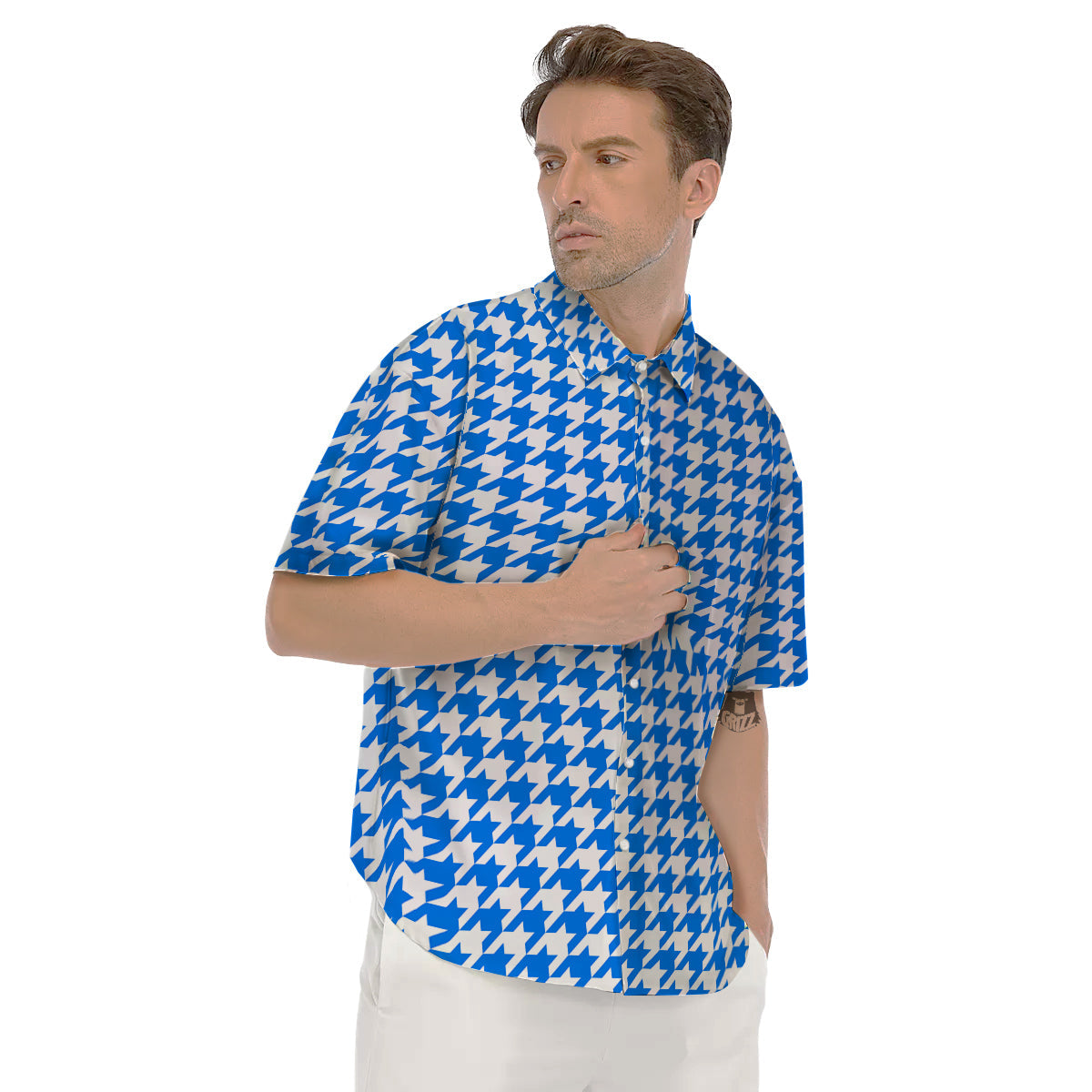 Blue Houndstooth Print Men's Short Sleeve Shirts-grizzshop