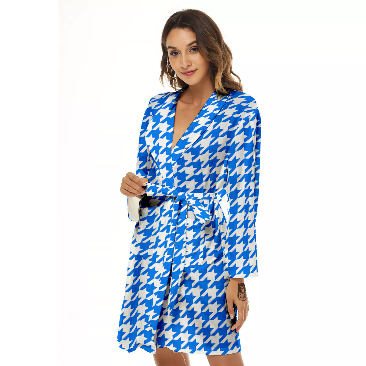 Blue Houndstooth Print Women's Robe-grizzshop