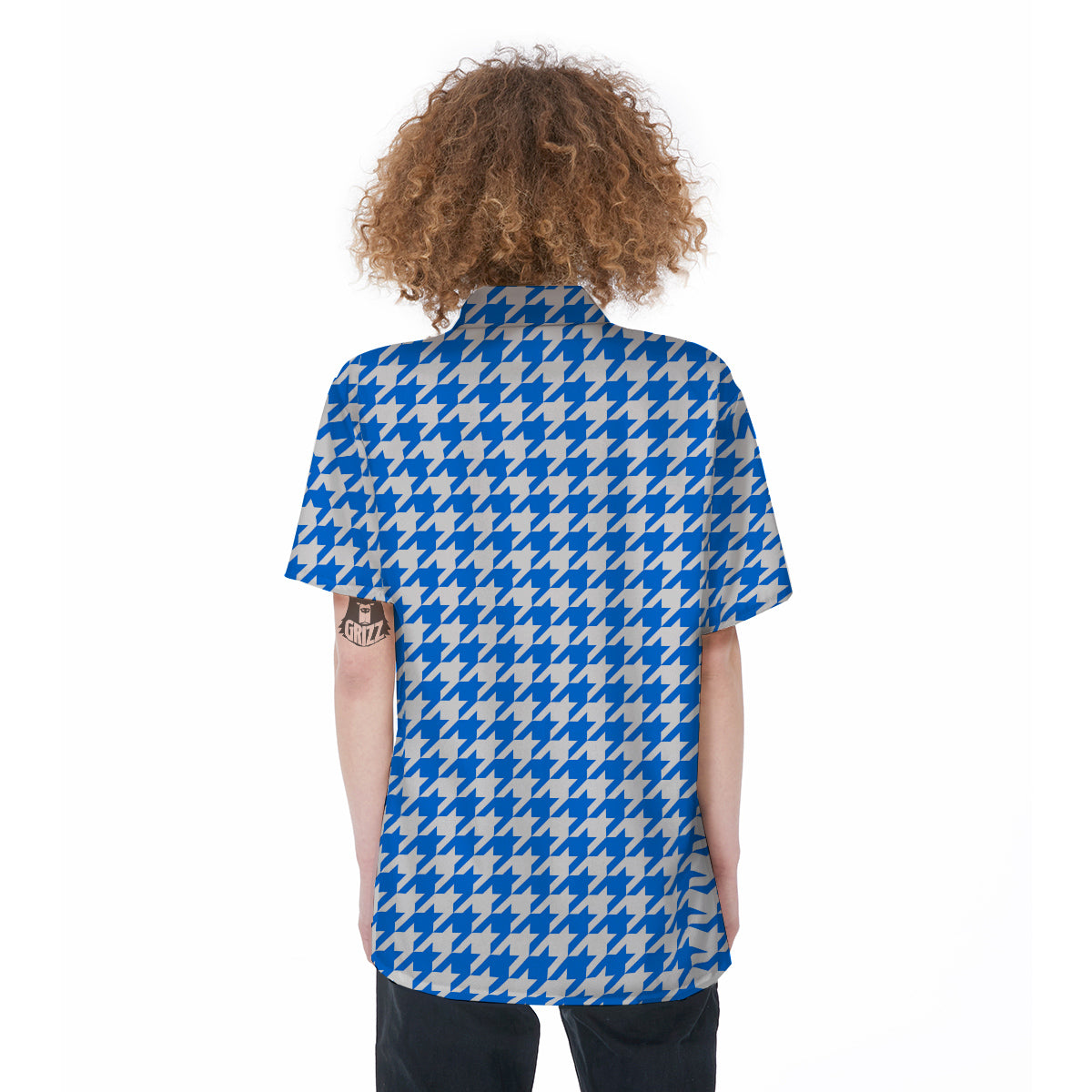 Blue Houndstooth Print Women's Short Sleeve Shirts-grizzshop