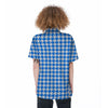 Blue Houndstooth Print Women's Short Sleeve Shirts-grizzshop