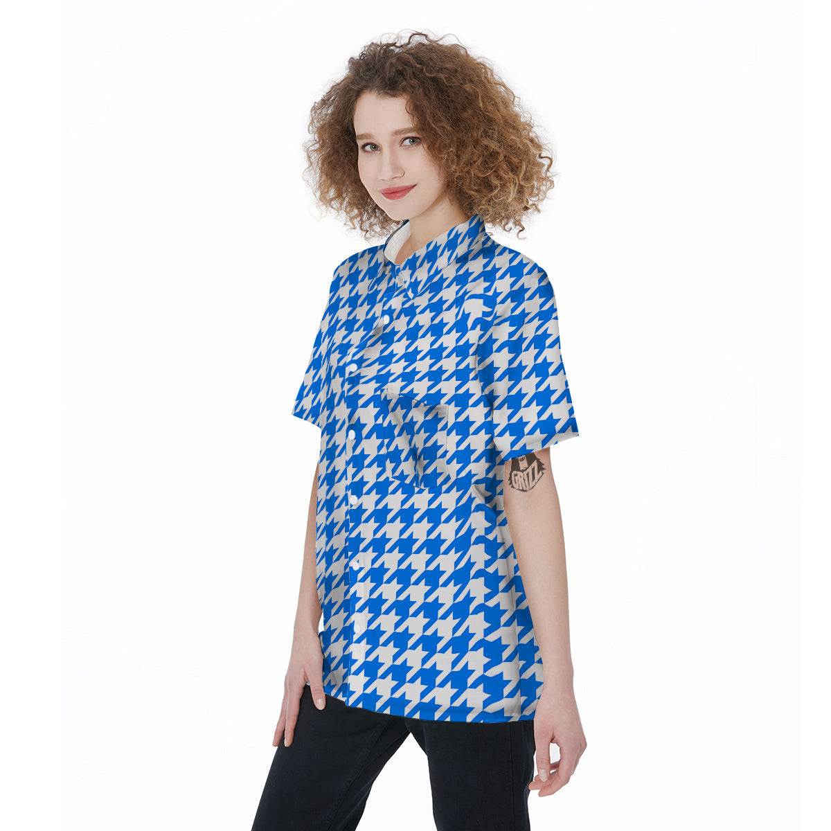 Blue Houndstooth Print Women's Short Sleeve Shirts-grizzshop