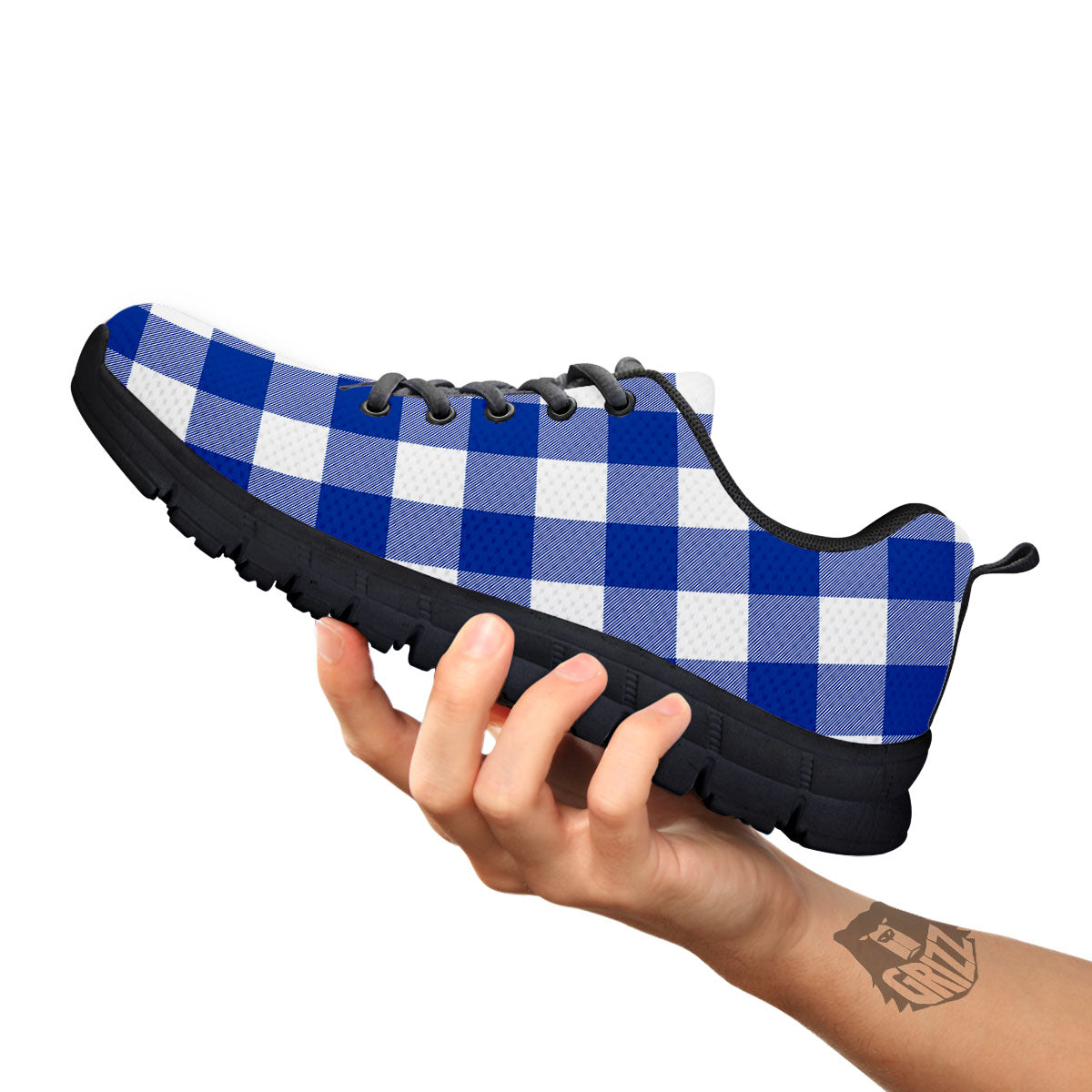 Blue Indigo And White Gingham Print Black Sneaker-grizzshop