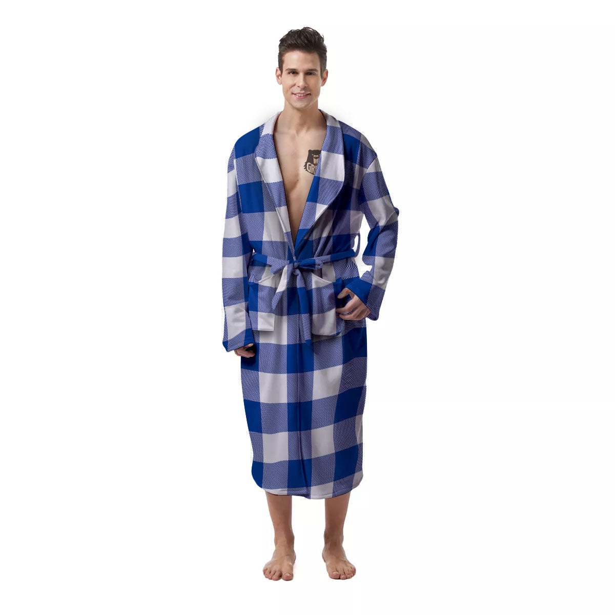 Blue Indigo And White Gingham Print Men's Robe-grizzshop