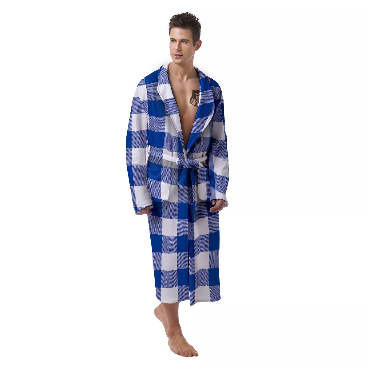 Blue Indigo And White Gingham Print Men's Robe-grizzshop