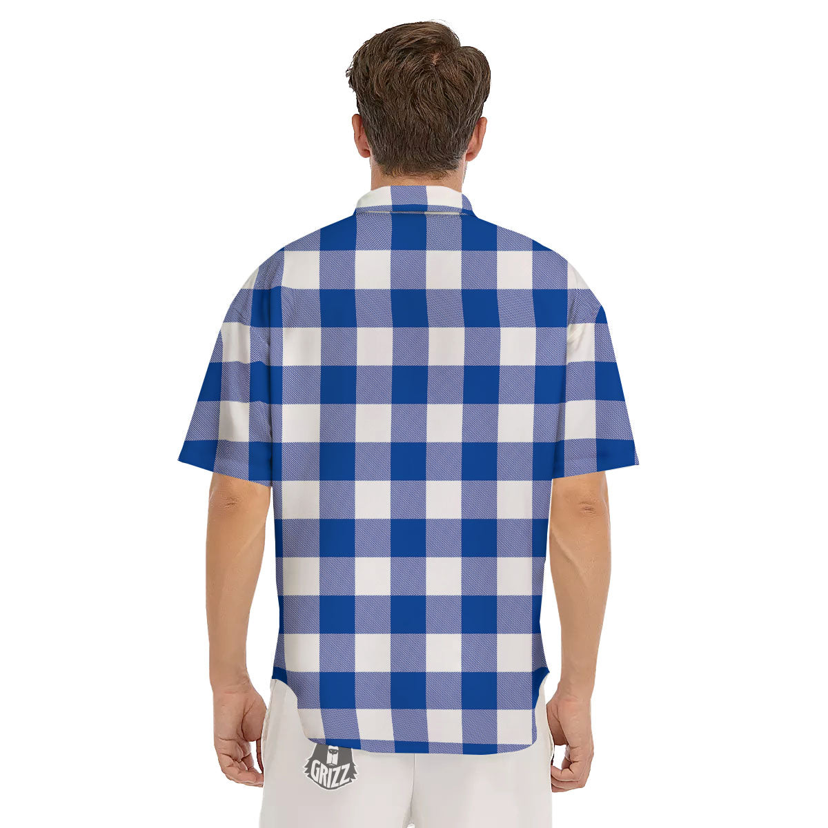 Blue Indigo And White Gingham Print Men's Short Sleeve Shirts-grizzshop