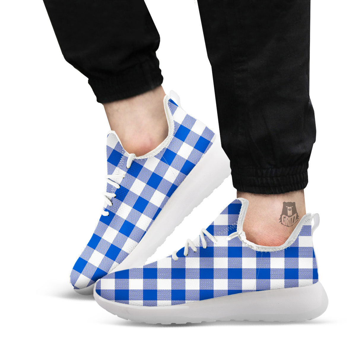 Blue Indigo And White Gingham Print White Athletic Shoes-grizzshop