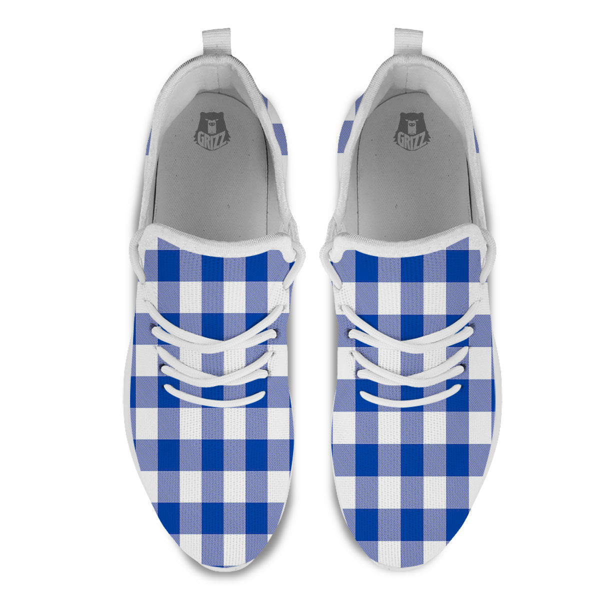 Blue Indigo And White Gingham Print White Athletic Shoes-grizzshop