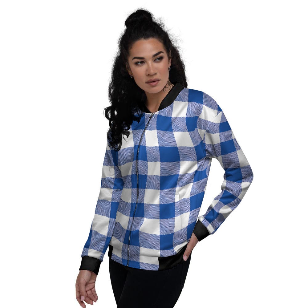 Blue Indigo And White Gingham Print Women's Bomber Jacket-grizzshop
