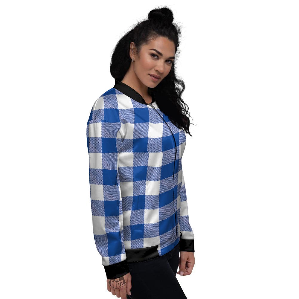 Blue Indigo And White Gingham Print Women's Bomber Jacket-grizzshop