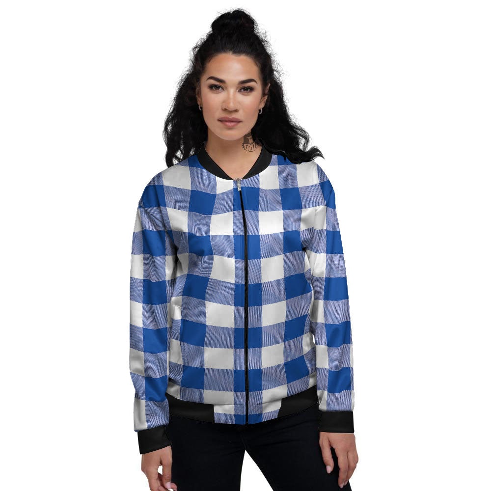 Blue Indigo And White Gingham Print Women's Bomber Jacket-grizzshop