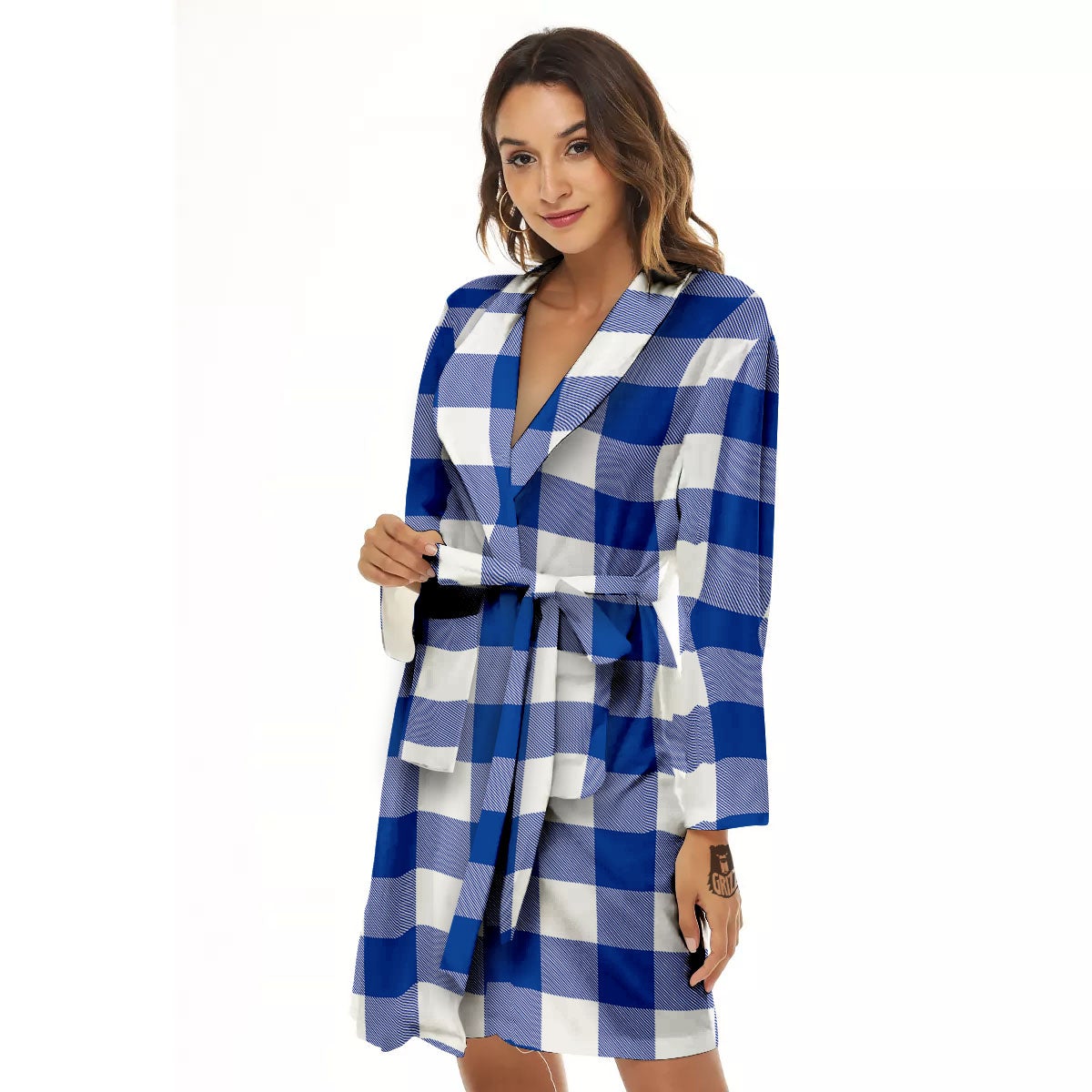 Blue Indigo And White Gingham Print Women's Robe-grizzshop