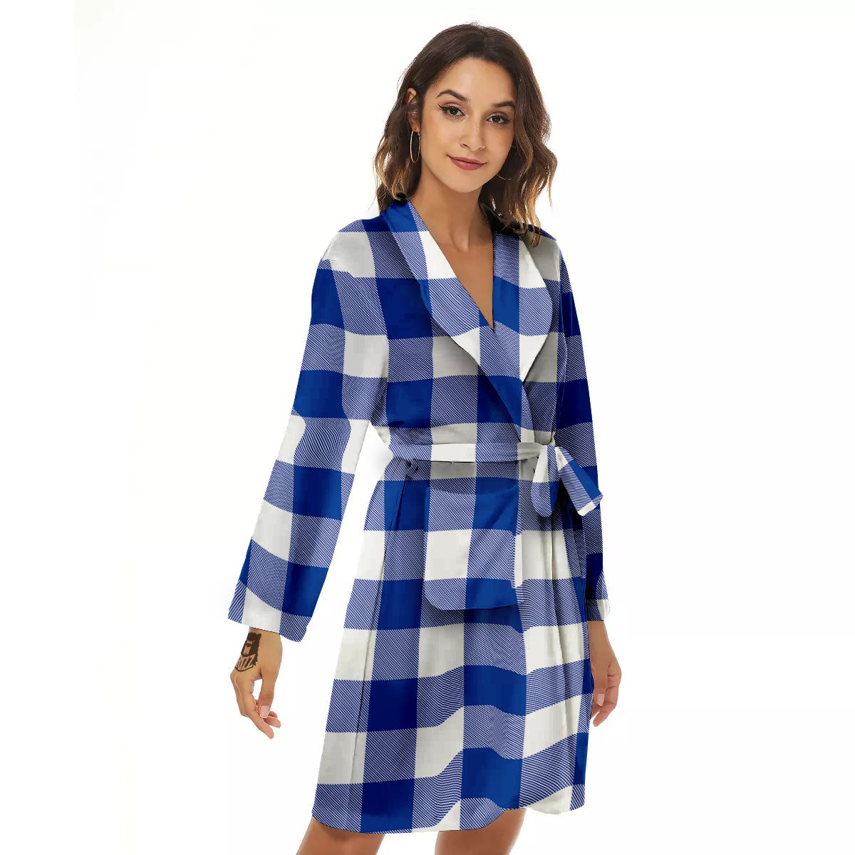 Blue Indigo And White Gingham Print Women's Robe-grizzshop