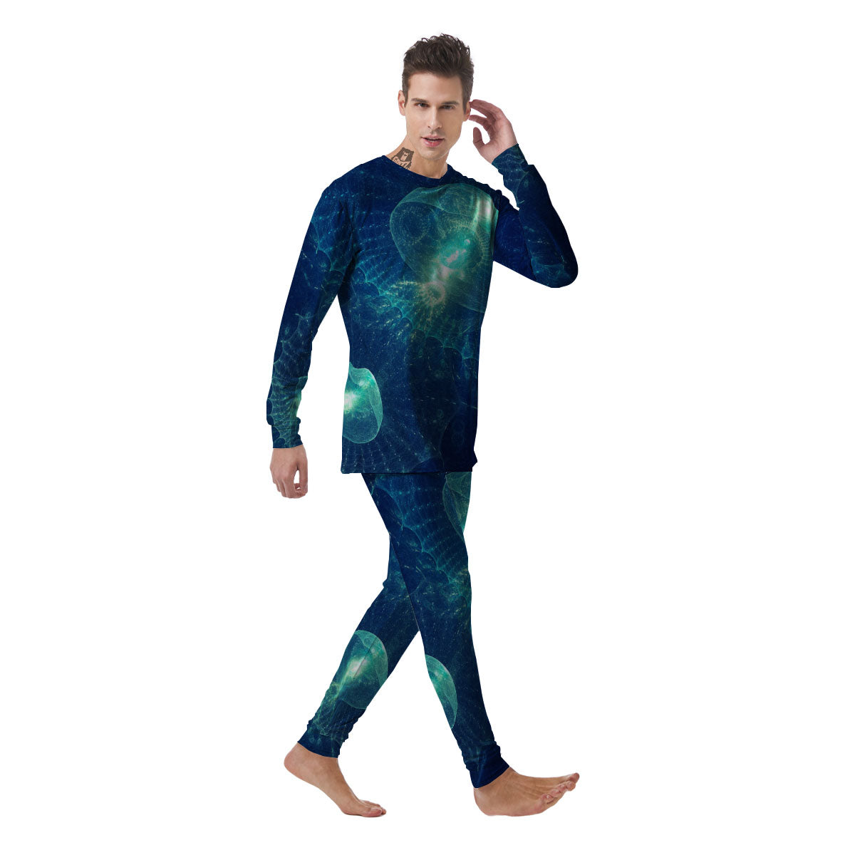 Blue Jellyfish On Deep Sea Print Men's Pajamas-grizzshop