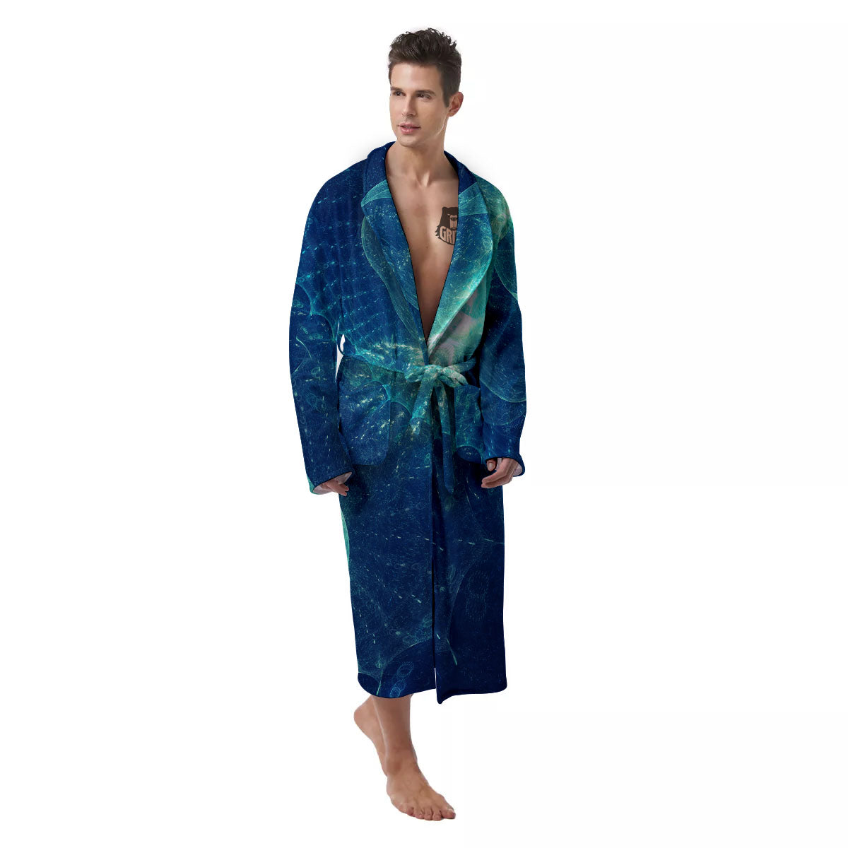 Blue Jellyfish On Deep Sea Print Men's Robe-grizzshop