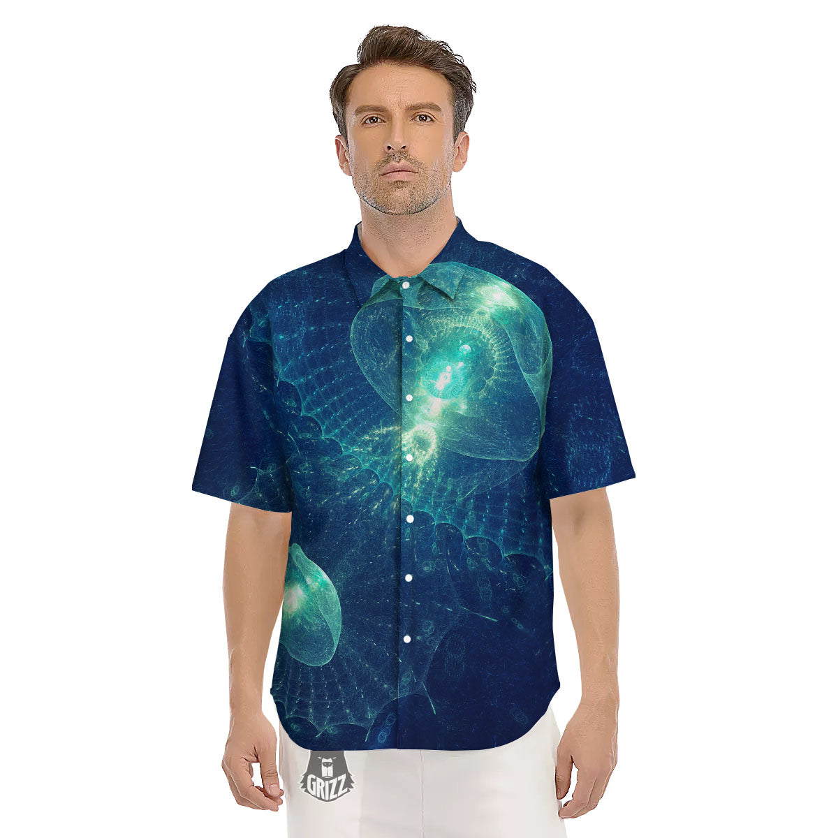 Blue Jellyfish On Deep Sea Print Men's Short Sleeve Shirts-grizzshop