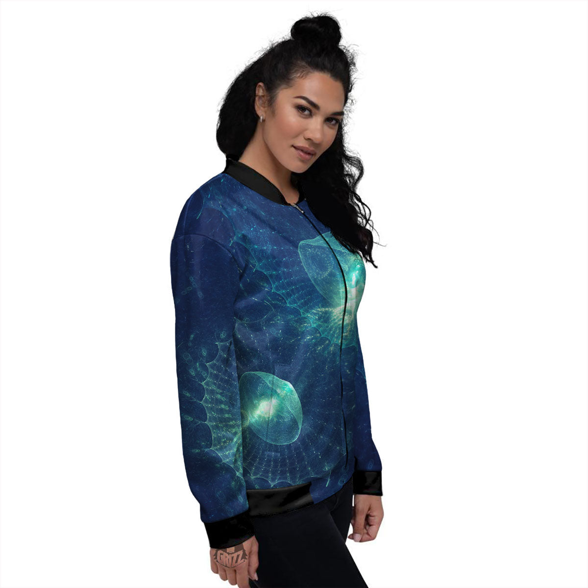 Blue Jellyfish On Deep Sea Print Women's Bomber Jacket-grizzshop