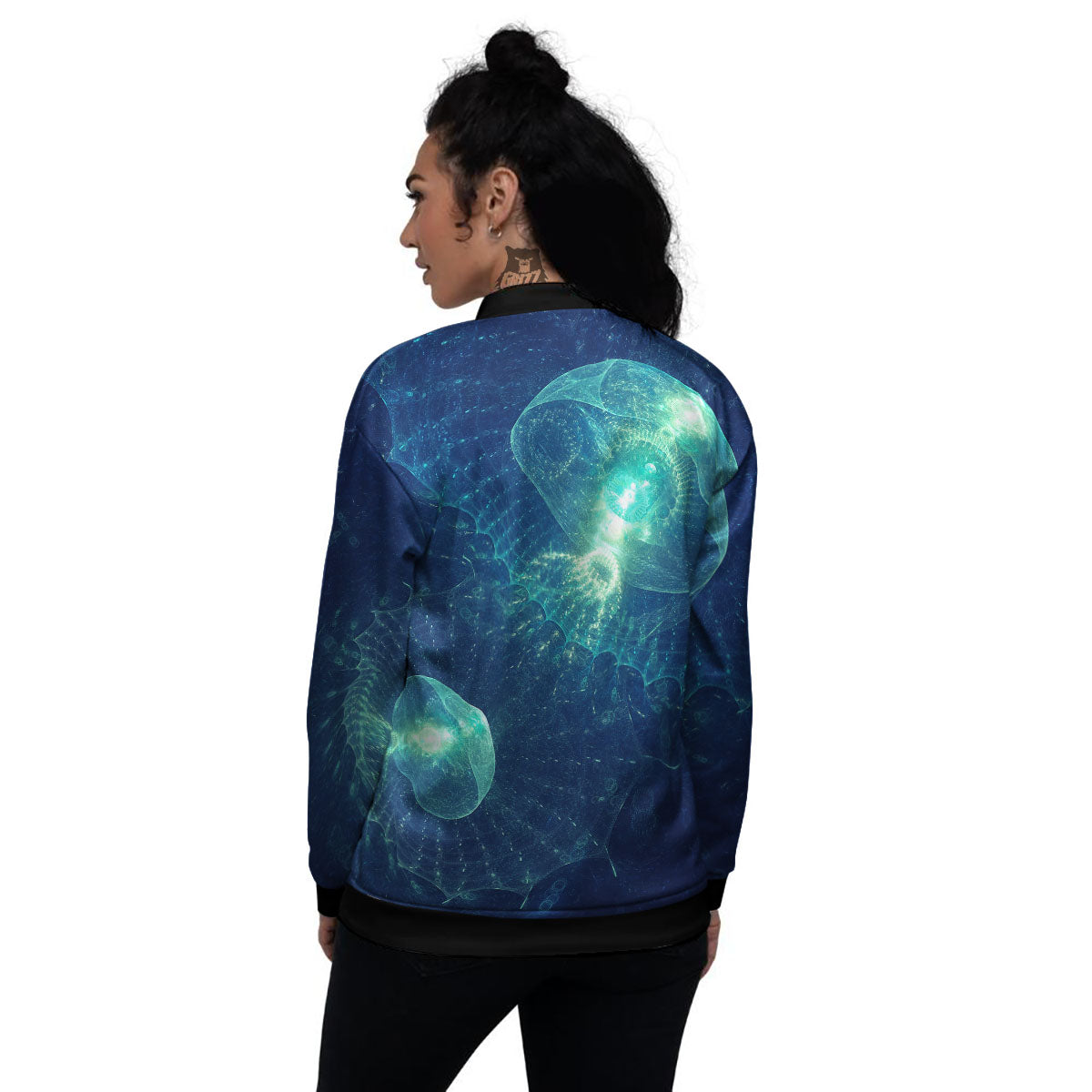 Blue Jellyfish On Deep Sea Print Women's Bomber Jacket-grizzshop