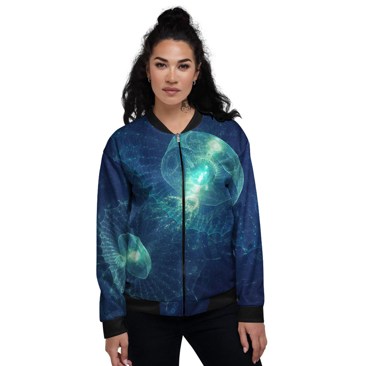 Blue Jellyfish On Deep Sea Print Women's Bomber Jacket-grizzshop