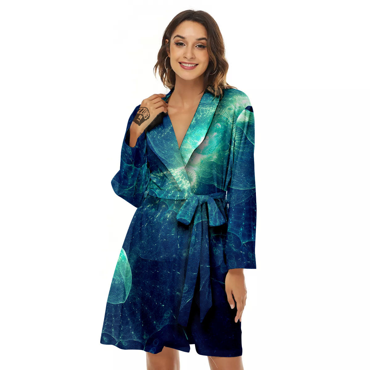 Blue Jellyfish On Deep Sea Print Women's Robe-grizzshop
