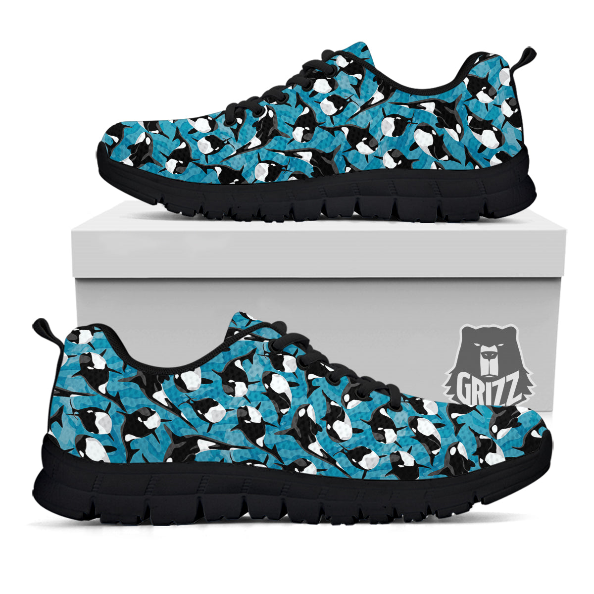 Blue Killer Whale Print Pattern Black Sneaker-grizzshop
